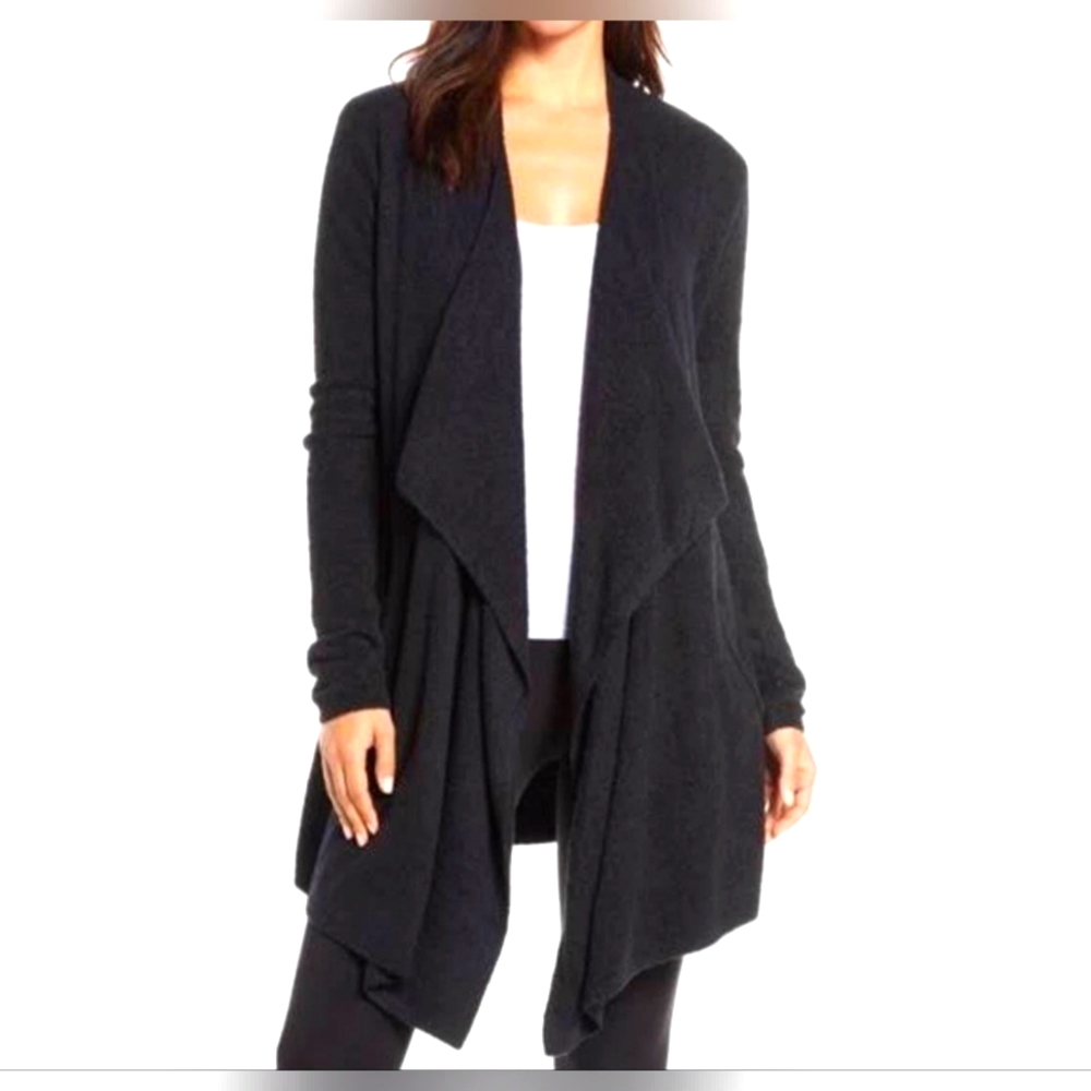 Ladies Barefoot Dreams L/XL Black Calypso Waterfall Cardigan Sweater Bamboo Chic